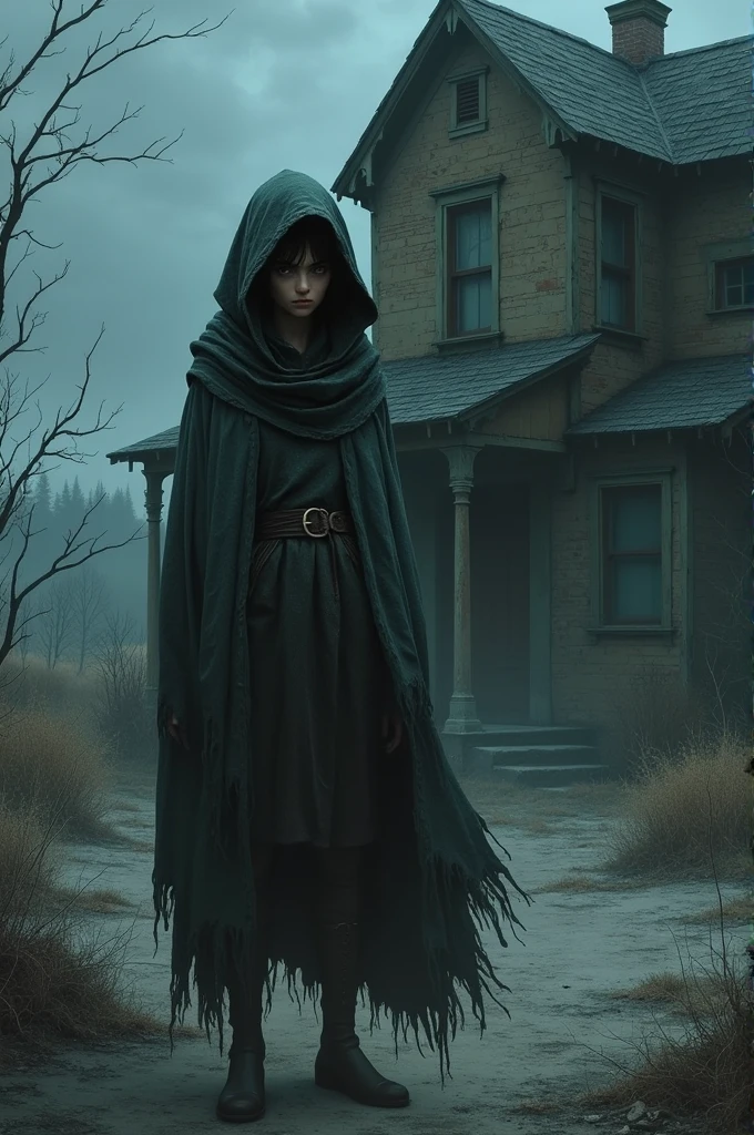Image of Kesto with a shivering expression, standing near the old house, looking apprehensive.