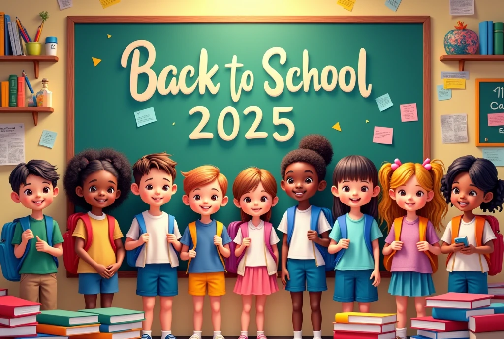welcome back to school bulletin board, Back to School 2025, celebrating a new school year, A happy, colorful back to school poster, school uniform, backpack, school supplies, blackboard, chalkboard, textbooks, pencils, clean, vibrant colors, warm lighting, dynamic, playful, whimsical, detailed, 4k, high quality, digital painting, vibrant colors, cheerful, energetic, dynamic composition