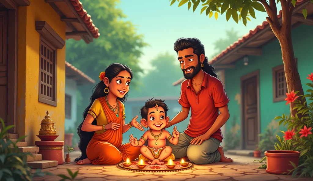 In cinematc 2d cartoon style indian Mohan's and father parents were very simple people and had immense devotion towards Lord Ganesha.
