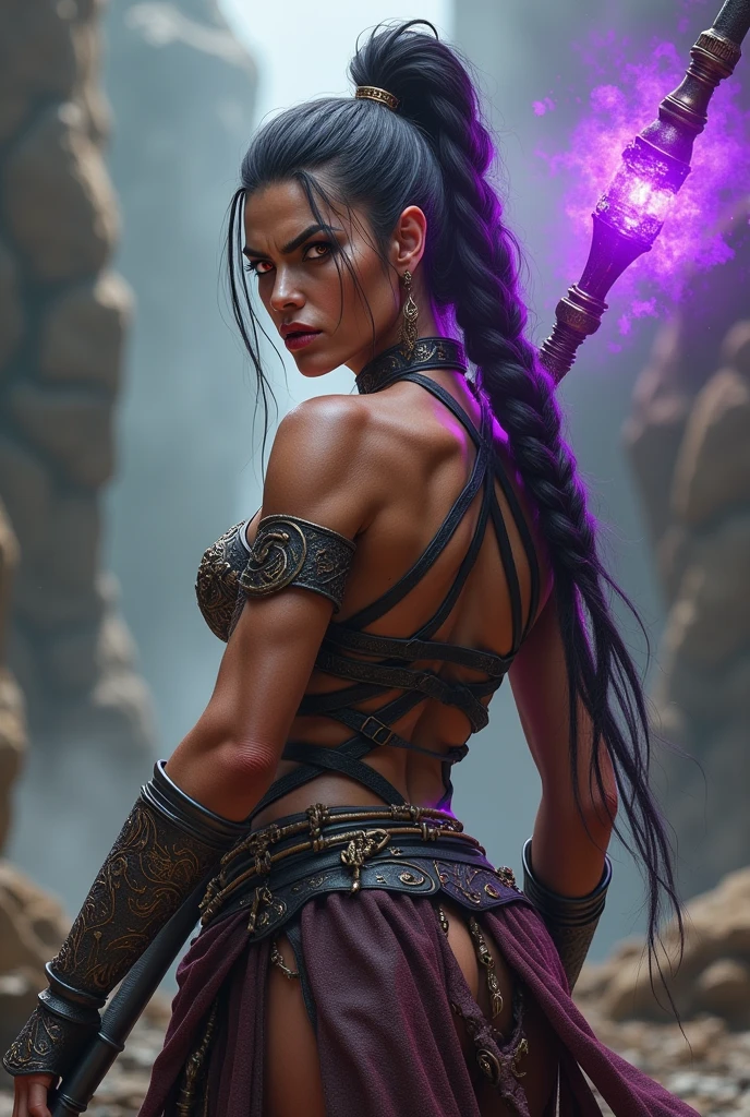 70 year old woman with wrinkles on her skin,Very long straight hair with thick braids with a bun,red eyes,goddess makeup,thick lips,thick eyebrows,red painted lips,with very sexy warrior armor that shows off her beautiful body,with thong,fitness ass with muscle,athletic body,Warrior woman,with an angry face with fury and anger, posing with his back to the viewer,LOOKING AT THE SPECTATOR,with big tits,very tight armor,very small thong,beautiful ass,with a very powerful staff in his hand that emanates violet rays,surrounded by golden magical energy,with violet rays around it,with a lot of magical power.Real photo,human photo,photo without animation,non-animated photo,very realistic photo.
