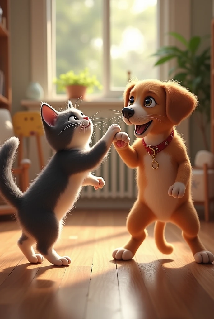 A cat  slapping a dog