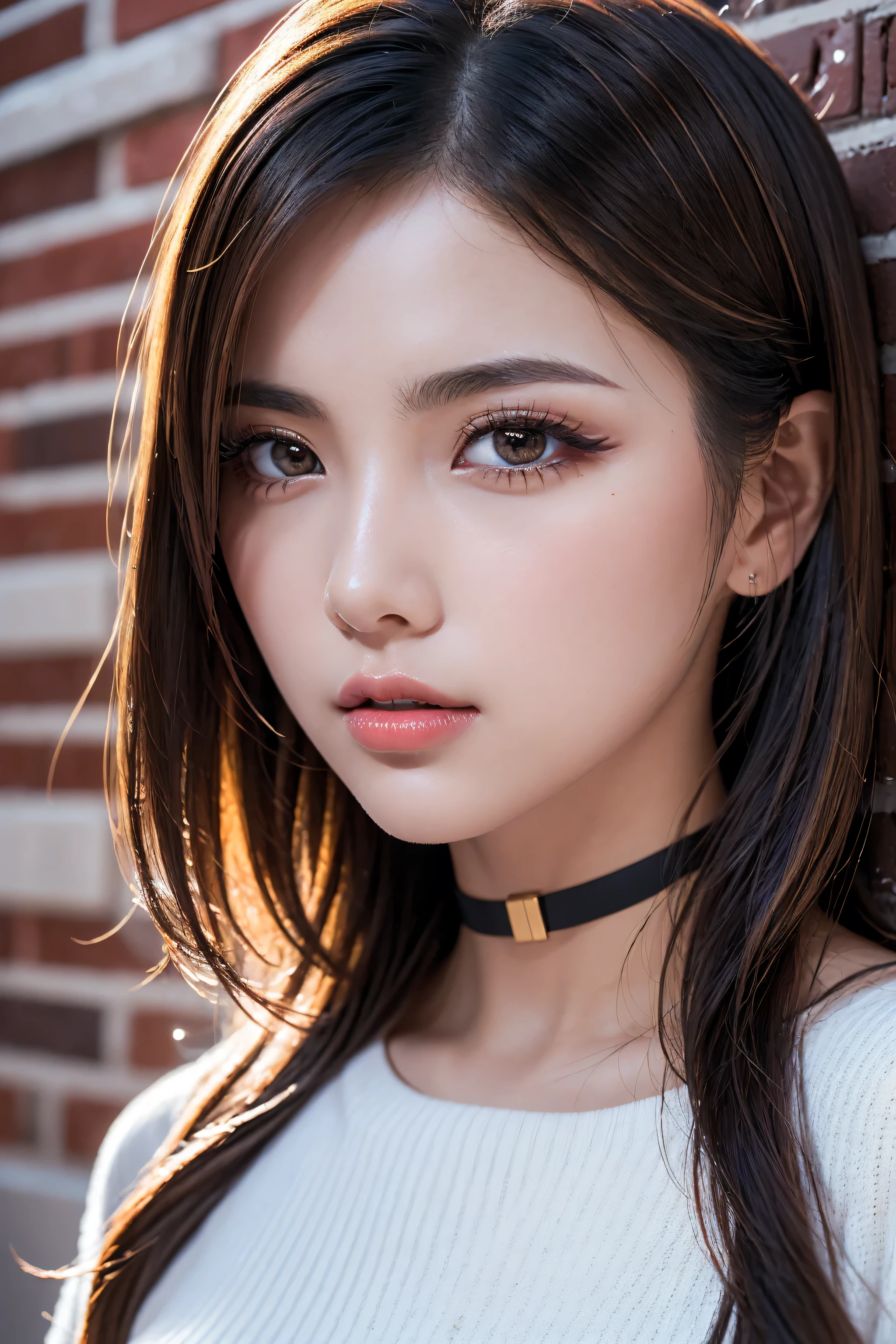 Realism, Realistic, ultra realistic details: velvety skin, symmetrical lips, (light glossy red_lipstick), (long blue_eyelashes), pupils, BREAK, ultra realistic 8k cg, masterpiece, ((ultra detailed background, delicate pattern, intricate detail)), best quality, intricate details, chromatic aberration, (anatomically correct), (perfect proportions), Hyper-Photorealistic ((portrait)) a cute 1model:1.4 24yo, Caucasian model, incredibly ridiculous, beautiful girl, cute, dslr, best high quality soft lighting, sharp focus captured by Fujifilm XT3, f 5.6, in a dramatic lighting, (perfect composition), (arranged hairstyle, long hair, golden hair, messy hair, red highlights, hair over one eye), sharp eyes, choker, ((brick wall, graffiti)), dim lighting, alley, oversized shirt,off shoulder, see through white shirt, Masterpiece, best quality