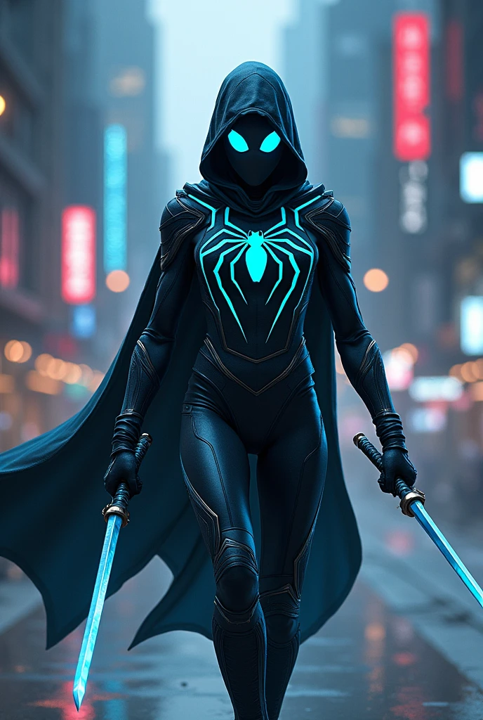 A Superhero with Spider-Man with dark & cyan theme color suit, dual katana, and a hoodie