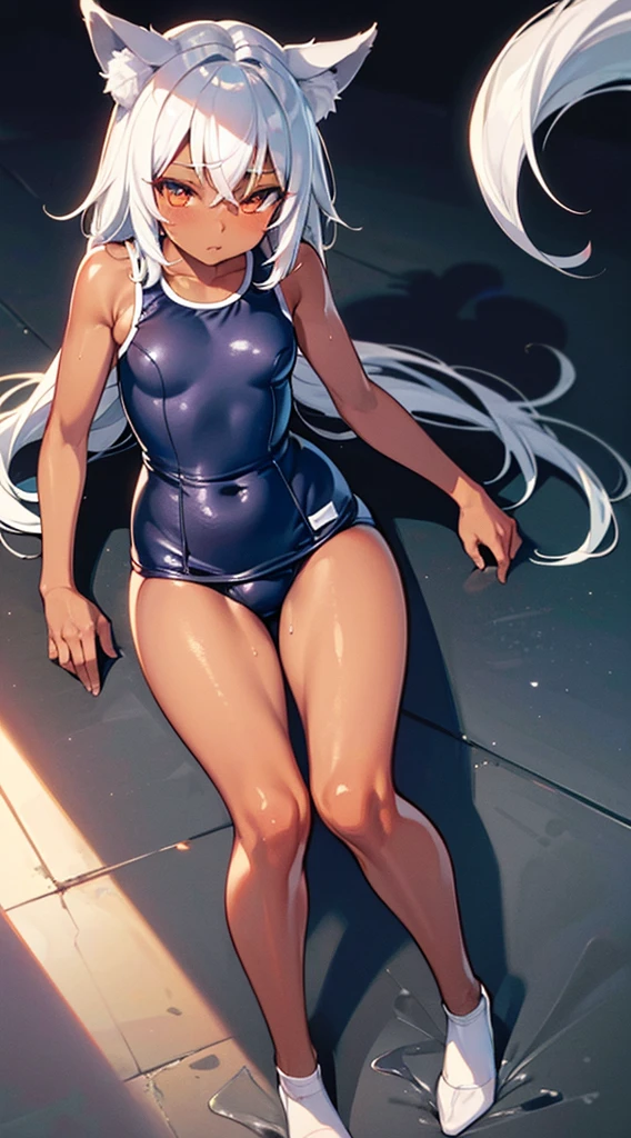 dark skin,Silver Hair,Fox Girl,(((small breasts))),(Perfectly detailed face),(Young) , Super cute face, (((School Swimsuit))),sweaty,High resolution, masterpiece, Highest quality, High resolution,Ground,