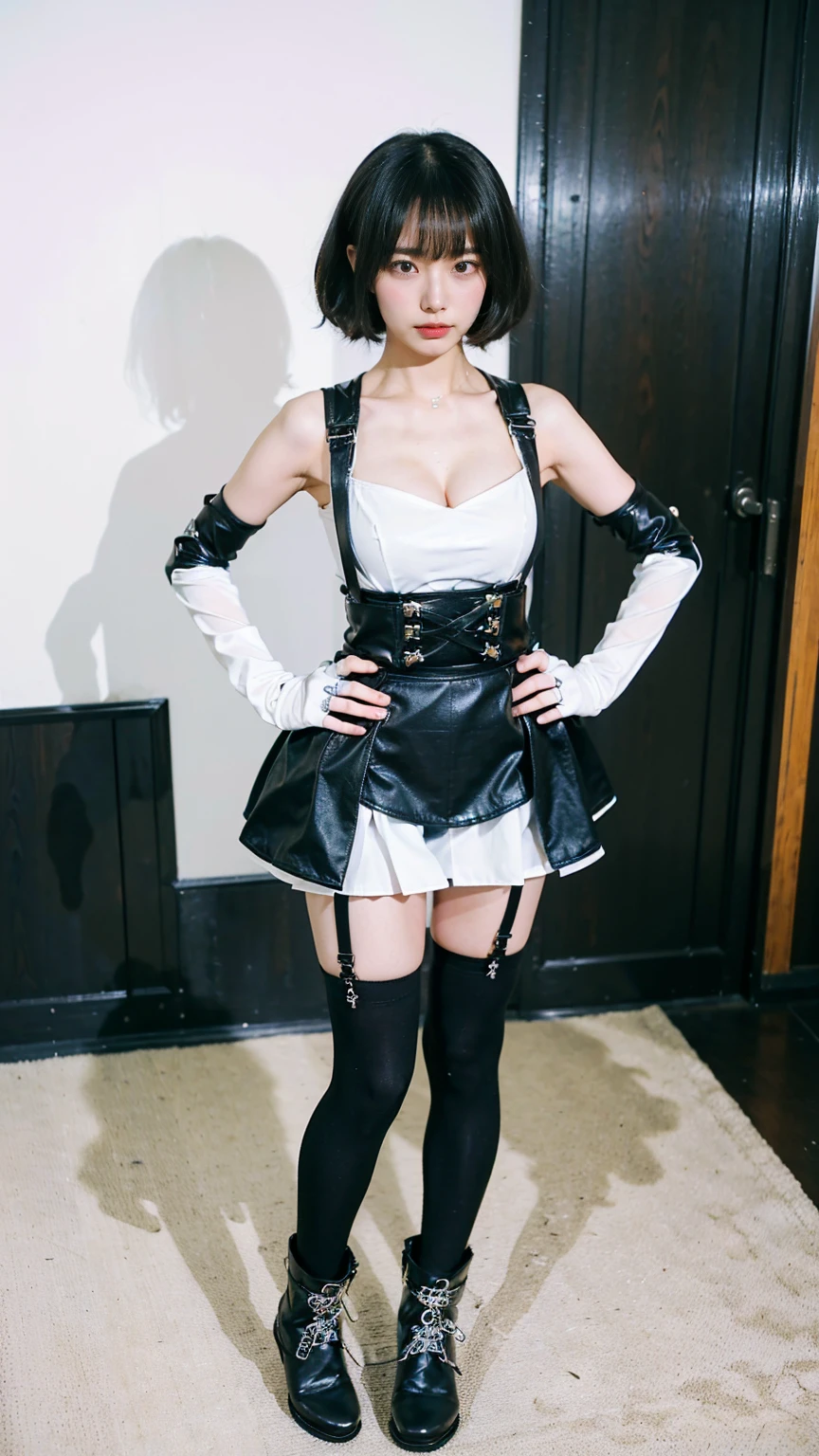 (8k、RAW Photos、Highest quality、masterpiece:1.2)、(Realistic、Realistic)、1 person、((black and white、Cleavage、tights、Gloves、Garter Ring、mini skirt、Thin legs、whole body、boots、View from the front、Looking into the camera、Stand with hands on hips))、cute