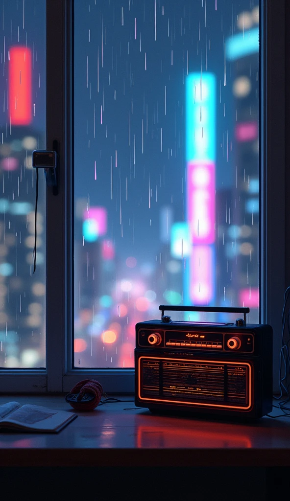 there is a radio sitting on a table in front of a window, synthwave aesthetic, lofi artstyle, lofi hip hop, lofi aesthetic, cyberpunk atmosphere, lofi vibes, synthwave style, synthwave, synthwave art, lofi art, synthwave art style, retrowave atmosphere, 8 0 s anime vibe, chillhop, cyberpunk vibes Vibrant color anime style --ar 4:3 --niji 6(low and side angle view)(with raining effect)(with beautiful view from window)(realistic view)