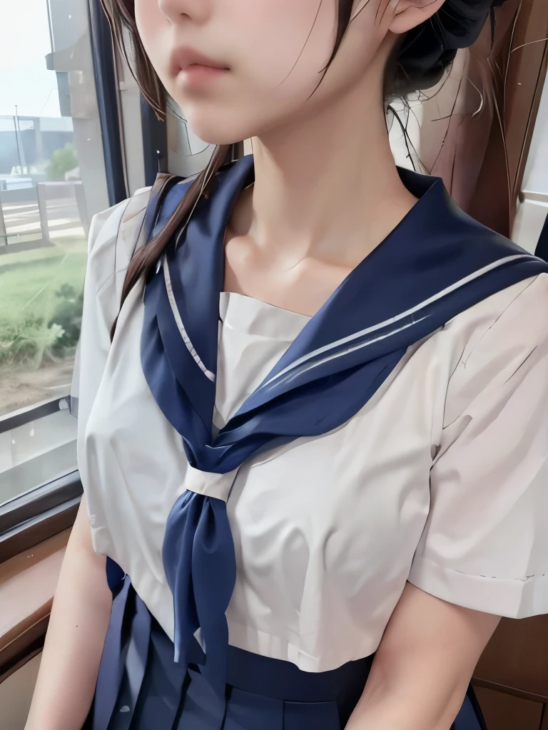 Masterpiece、Highest quality、【lower body focus】、Super detailed、Only from the neck down　画面いっぱいのSailor suit、Sailor suitが近い、Sailor suitをドアップ、Head is cut off　Japanese school girl uniform、Sailor suit、紺色のSailor suit、Pleated skirt、Navy Blue Skirt　clavicle　chest focus、from the neck down focus、View from the neck down、Chest up、Chest close up、Chest close、Get closer to my chest　Train window、countryside