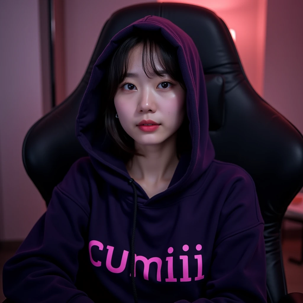 A beautiful Korean woman , sitting in a gaming chair wearing a dark purple hoodie with a name on it " cumiii "