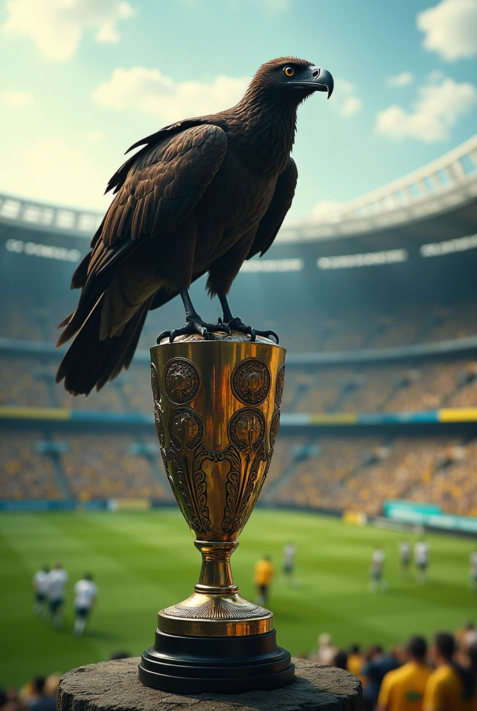 Vulture on top of the Brazilian Cup trophy, and the background in Maracanã