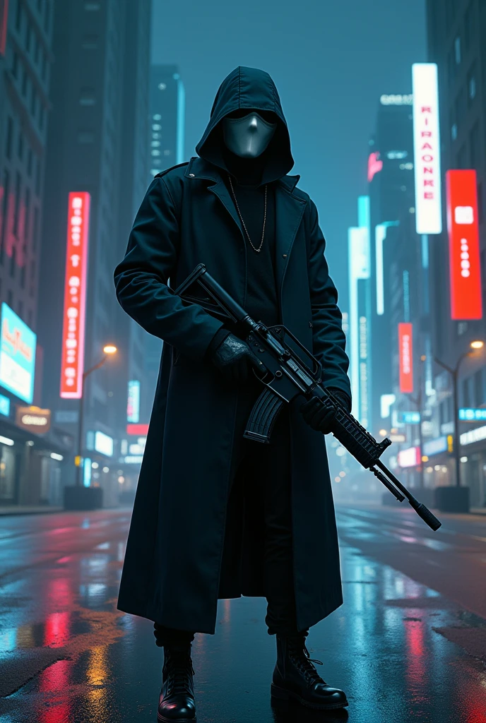 Hooded man standing on streets of futuristic city at night with masked holding assault rifle in his hands wearing white mask