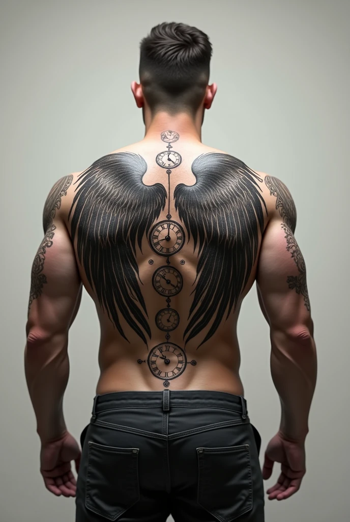 Wing tatoo with clocks and rune words for man