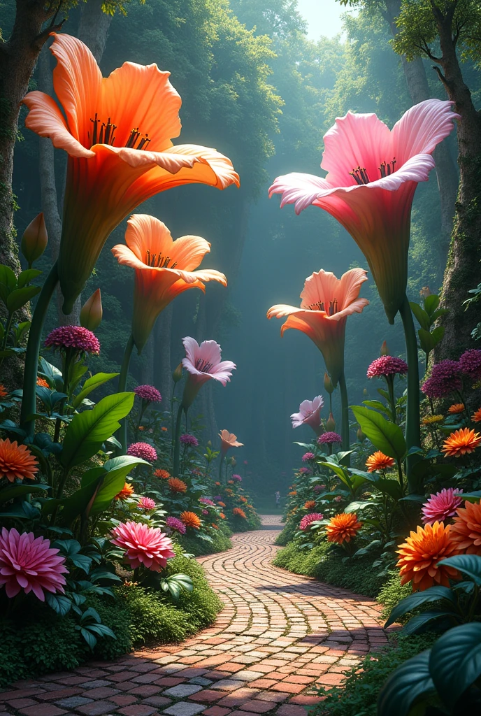 A beautiful garden with different huge flowers and also flower bell
and bricks for walking tracks aesthetic look fantasy dark