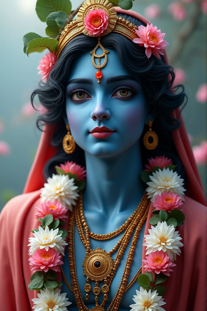 Image of lord Krishna realastic vibrant blue color with a garland of lotus 