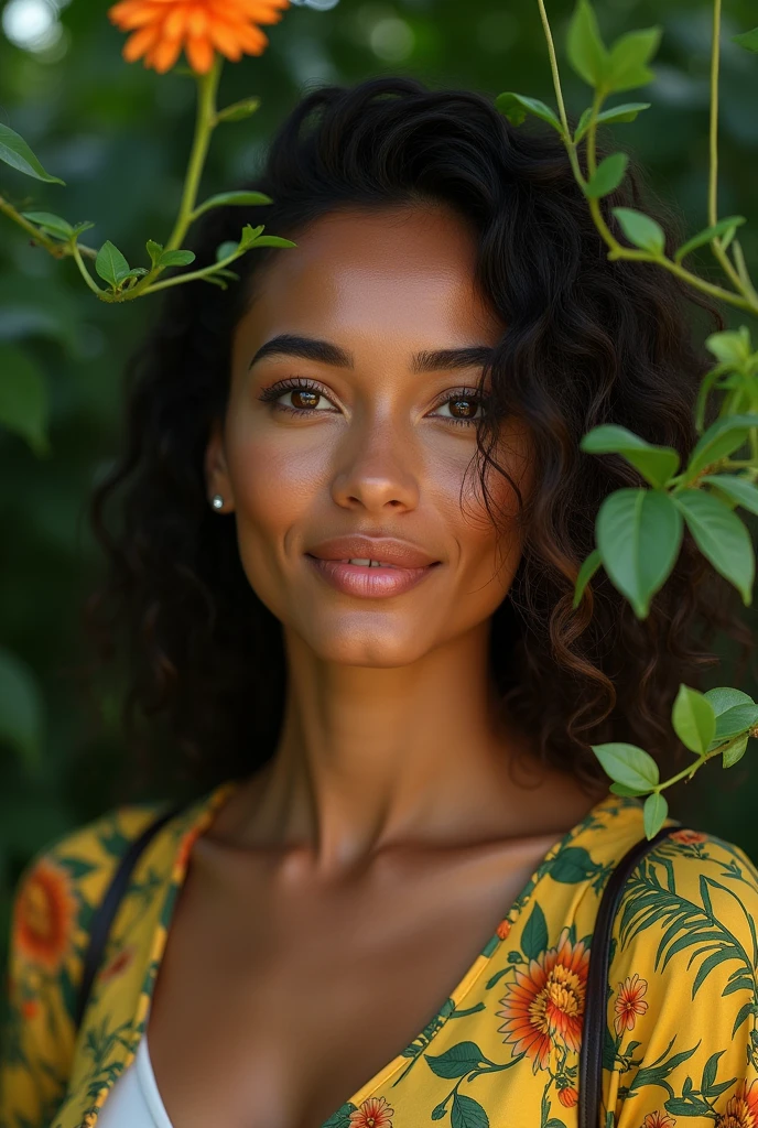 A Brazilian woman in a lush tropical garden, wearing an open shirt with a floral print, with a close-up capturing the harmonious beauty between her breasts and the natural flowers, showing off your natural charm and outgoing personality.