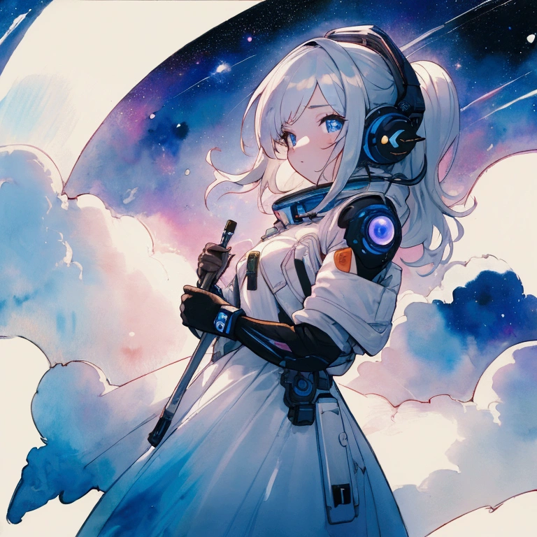 (8K, best quality, masterpiece:1.2),(best quality:1.0), (Ultra-high resolution:1.0), watercolor, A beautiful woman, Shoulder , Extremely bright design, Soft colors, (ink:1.3), Space Lights,