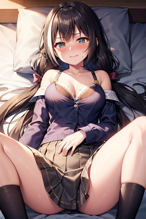 Highest quality、High resolution、masterpiece、Y-shirt is unbuttoned、Bra is visible、A little cleavage、（Embarrassed face）、blush、Mouth slightly open、Lying in bed、Captivating body、Short skirt、Black knee-high socks