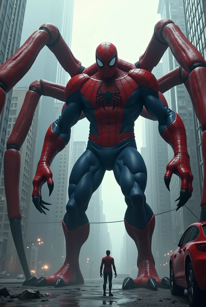 hình ảnh thực tế, quái vật spider man, khổng lồ, has 6 arms, still wearing his signature red armor