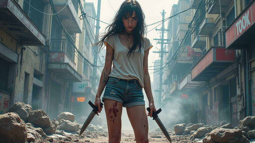 photograph of ((olvt)), pale skin, in the ruins of a city, destroyed city, apocalypse, freckles, long hair, mouth open, (wearing tank_top and shorts and fishnet_tights and boots), (((looking terrified))), ((full body)), cinematic, best quality, ultra photorealistic, photorealism, 8k, sharp focus, photograph, detailed face and eyes, high detailed skin, 8k uhd, sharp focus, professional, best quality, horror style, volumetric light,(solo), injured, ((a large nuclear explosion in the background. shockwave of fire in the background)), sunset, cloudy, (bloody, injured, wounded, cuts and scrapes), nose_ring, light smoke in air, <lora:Oliviat-RealVision-V1.0:1>
