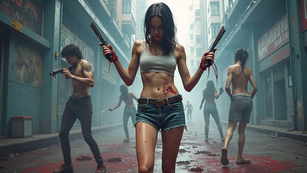 Best quality, masterpiece, ultra high res, photorealistic:1.5, raw photo,ultra reality, a girl standing,  denim short pants, holding knives in both hands, bloody hands, injured, some bruises, fighting, in the city, cinematic lighting