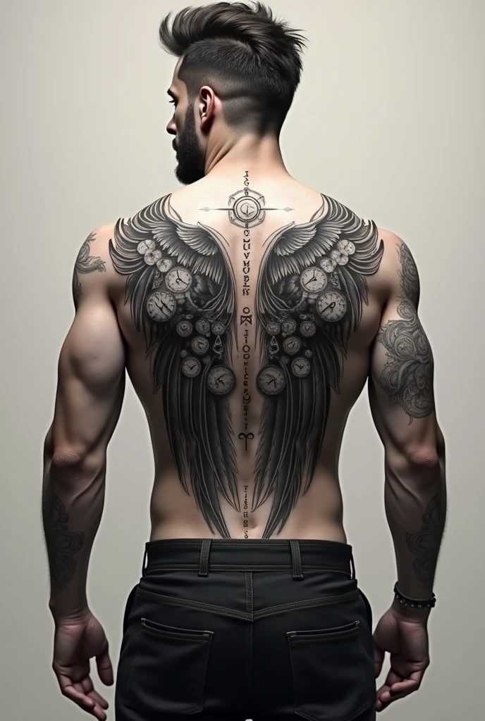 Wing tatoo with clocks and rune words for man