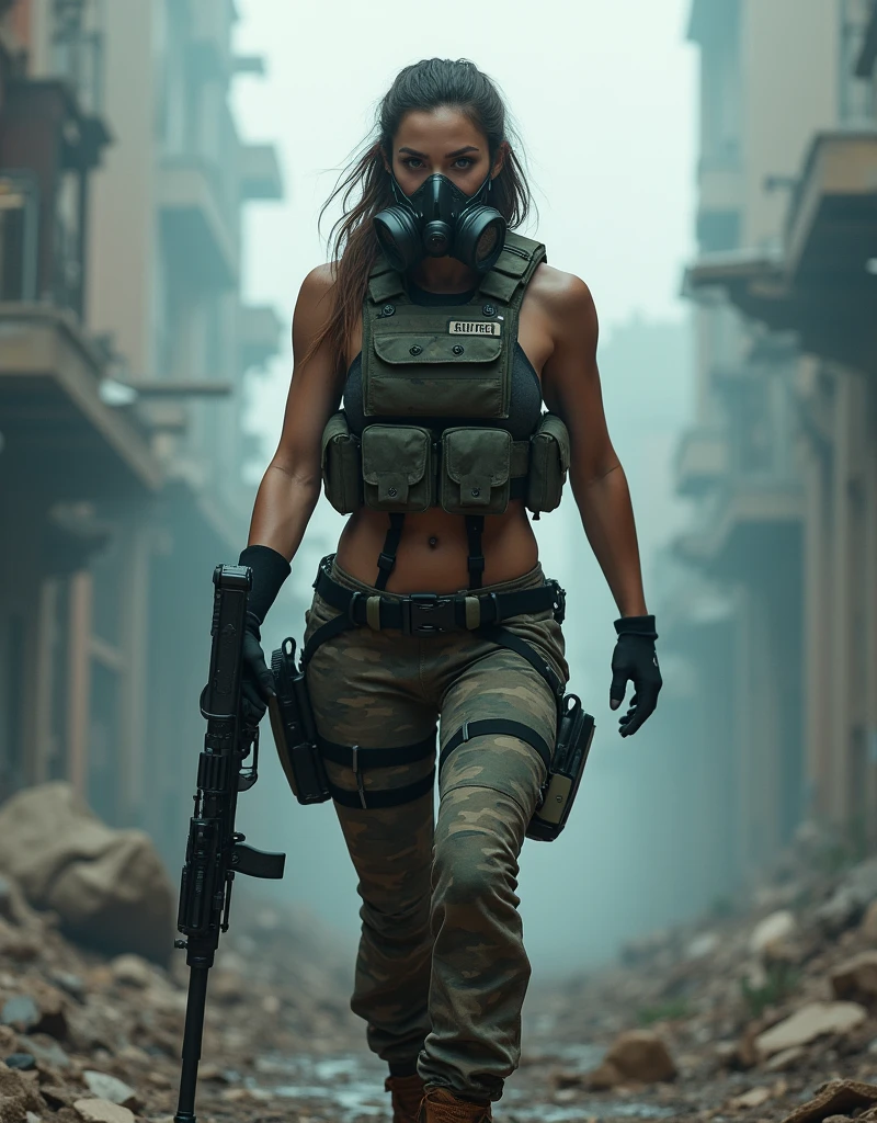 (Photorealism:1.2), sexy armed woman, A female soldier wearing a gas mask patrols a fog-filled ruin.