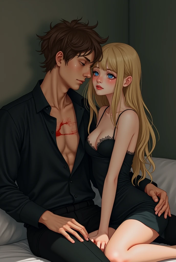 Make me a girl in a beautiful little black dress. in blond long hair and blue eyes. Who sits on the lap of a human boy with brown flaffy hair. In a black shirt slightly unbuttoned and suit trousers. There is a blood stain on the human body.bdziewvzyna płacze że smutku