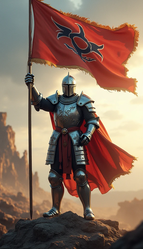 A victorious knigh wearing helmet and holding a flag
