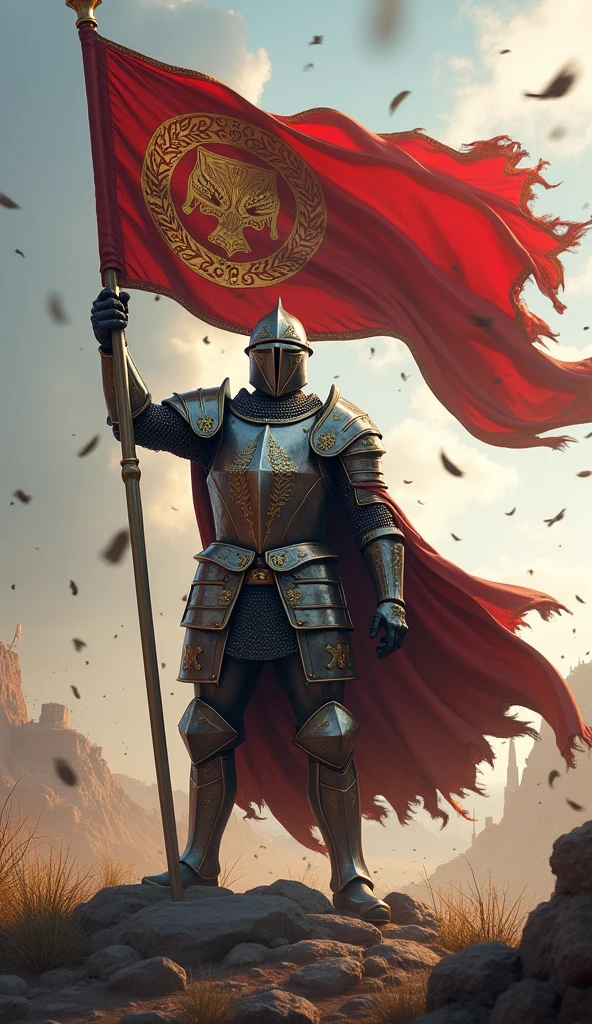 A victorious knigh wearing helmet and holding a flag