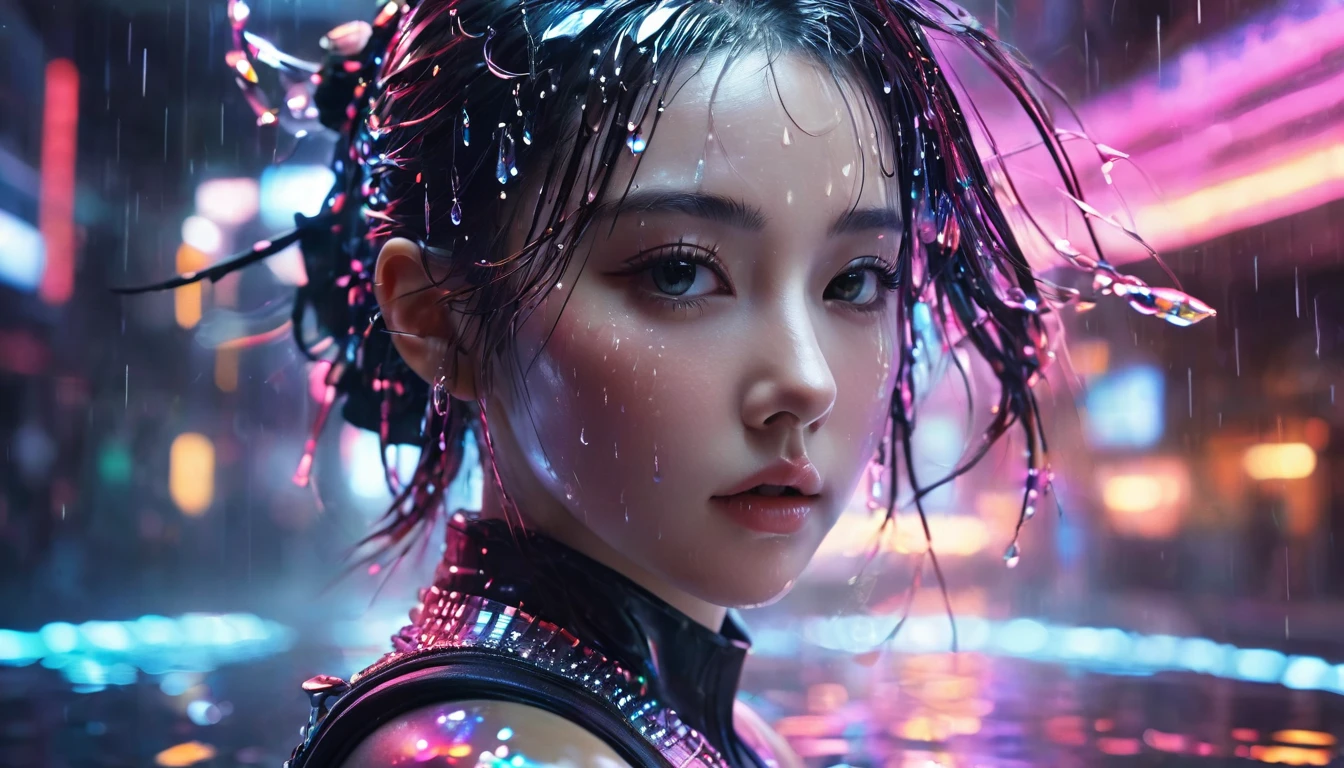 1 girl，beautiful，cyberpunk style,Bling Bling Bling Bling，motion blur，water drop，Cinematic lighting effects