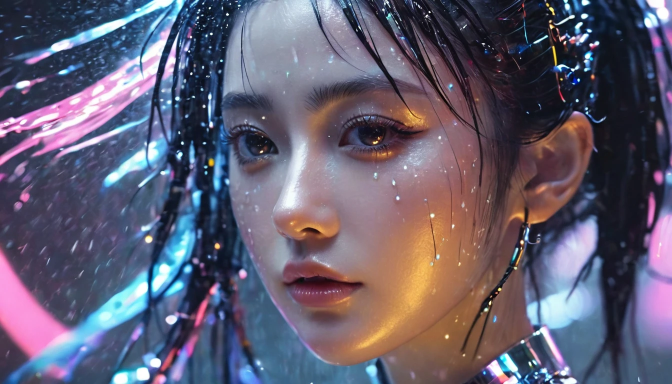 1 girl，beautiful，cyberpunk style,Bling Bling Bling Bling，motion blur，water drop，Cinematic lighting effects
