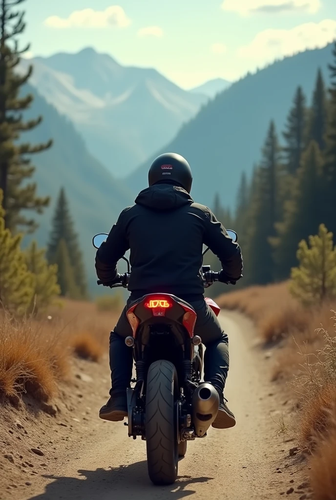 motorcyclist riding a Honda CG 160 motorcycle. seen from behind, In the wilderness
