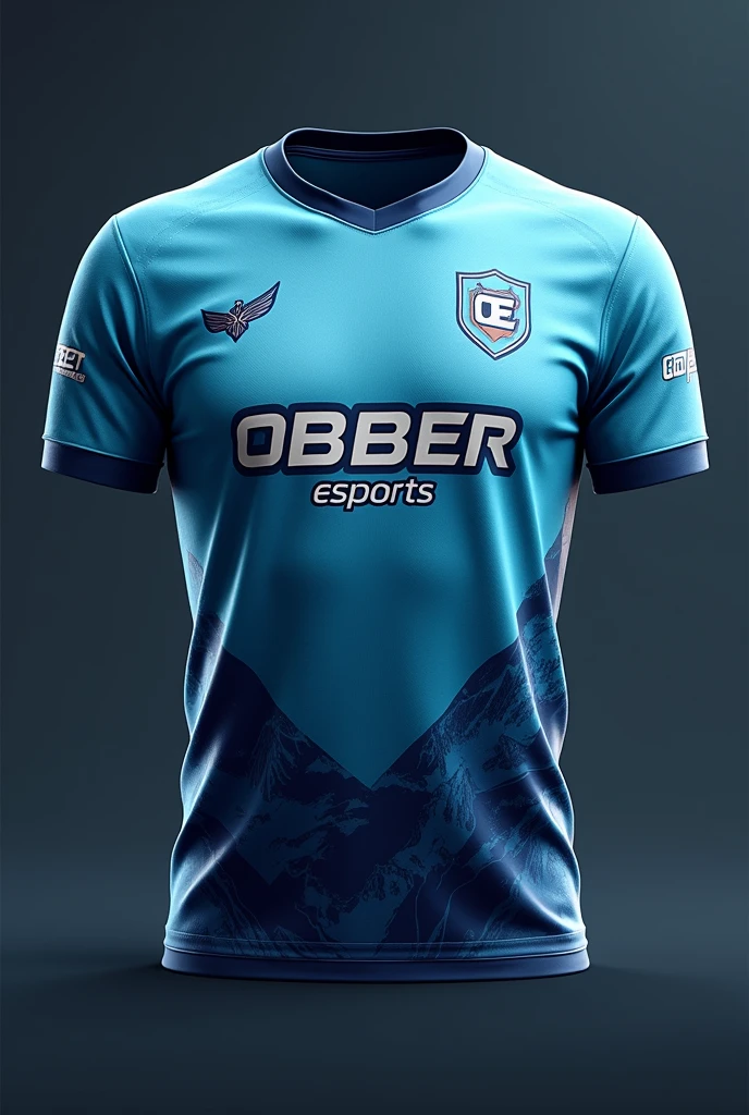 Creat a esports jersey with OE LOGO IN RIGHT TOP .WRITE OBBER ESPORTS IN MIDDLE .make it color like mountain and its matching .color like mountain .donot make mountain in jersey.place pubg mobile logo in left top of jesey.make icy color jersey .write obber esports in middle OE LOGO IN RIGHT TOP WITH BEST DESIGNE . .make jesey in icy and its matching color with best designe .pubg mobile