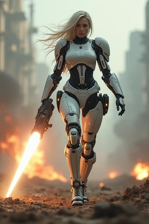 One-arm prosthetic, mecha, white woman, battlefield, beam from prosthetic arm