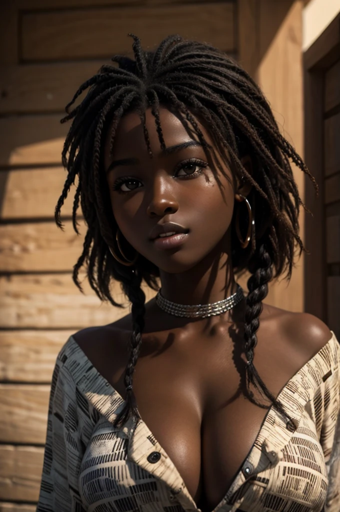 cute hair, chocolate skin, ager, beautiful face, deep ebony, showing big breasts, SFW, African