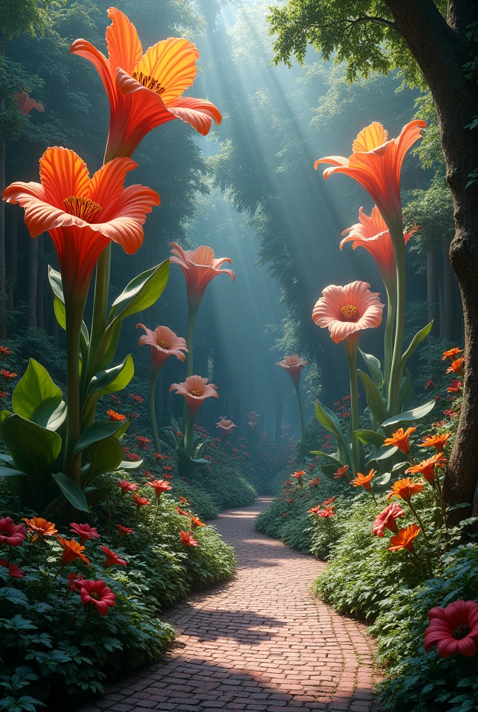 A beautiful garden with different huge flowers and also flower bell
and bricks for walking tracks aesthetic look fantasy dark