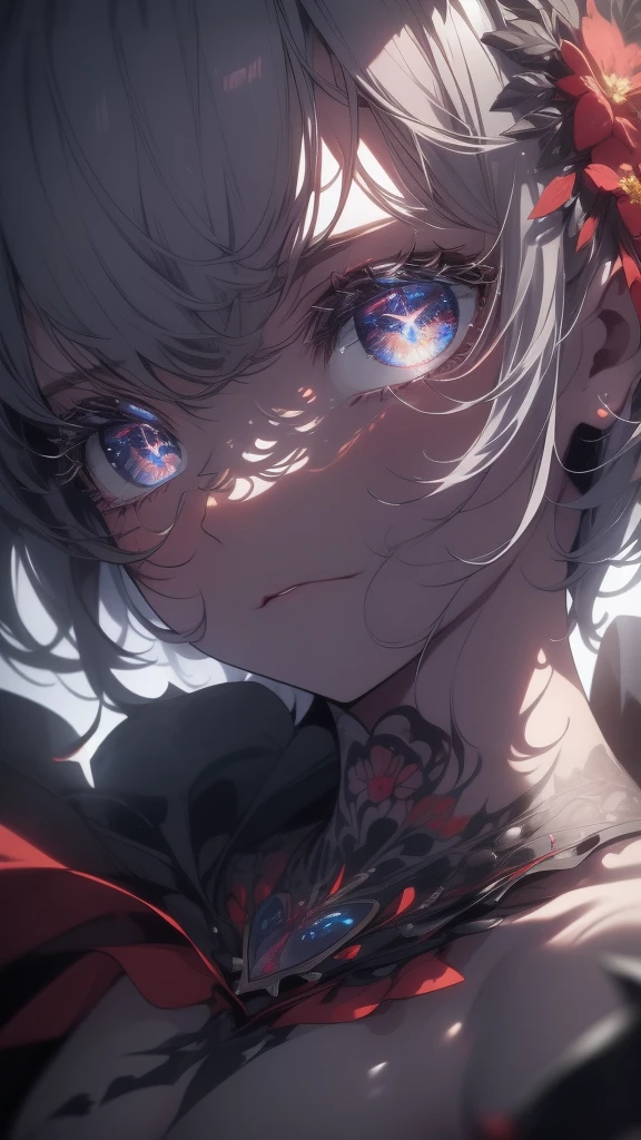 ((8k resolution))、((Highest quality))、((masterpiece))、((Very detailed))((((dramatic))), (((Rough feeling))), (((intense)))Focus on the face、tattoo、Clear Shadows、Vibrant, front,flower々background、Rich colors,Be confident,coil,scene,Boldness,to attract attention,Smart、tendency、I focus,Gray Hair,Short Bob