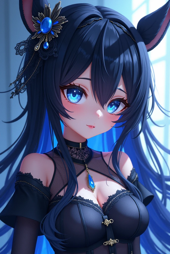 Gacha life , She has black hair, she has one white eye and one blue eye,blue and black accessories