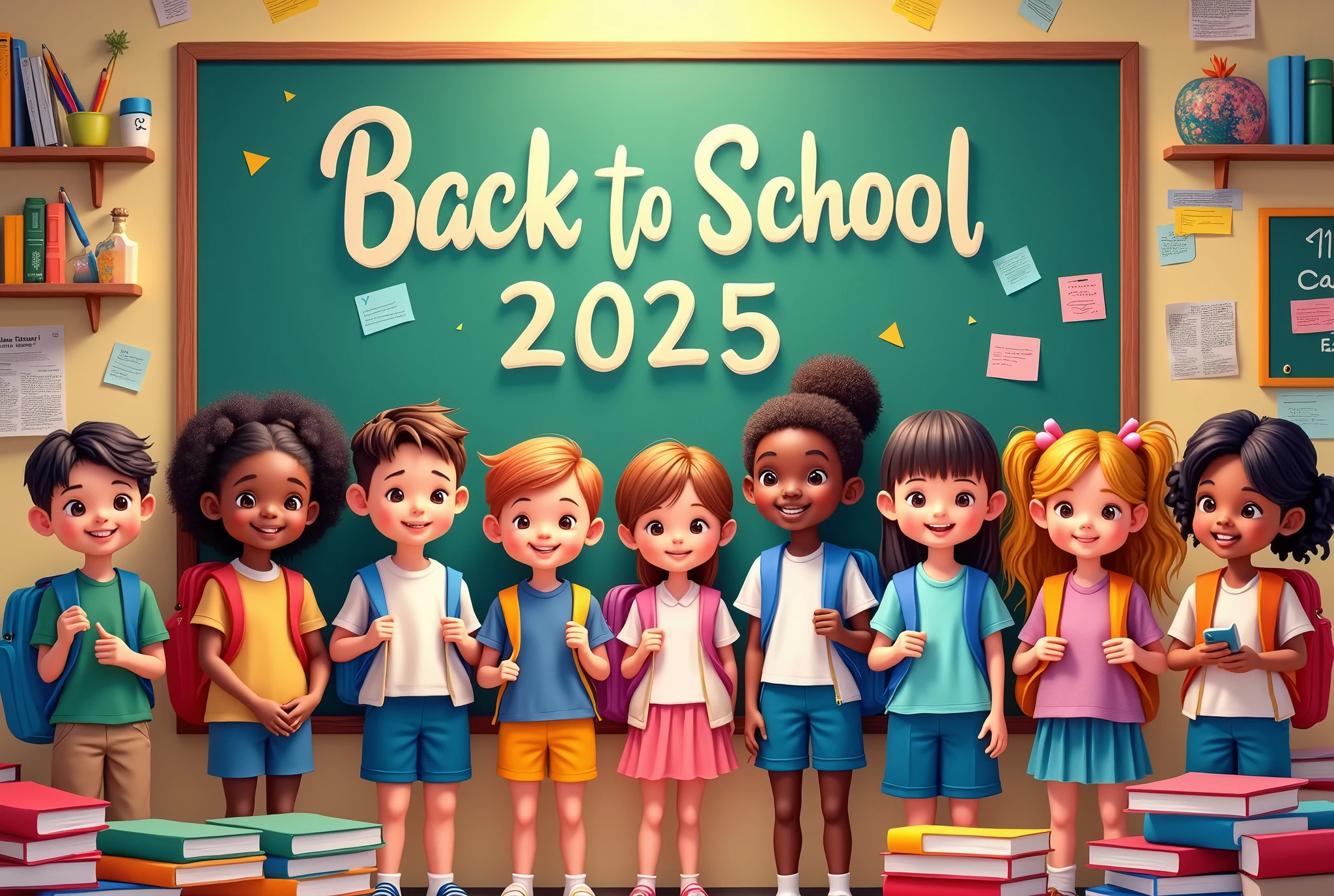 welcome back to school bulletin board, Back to School 2025, celebrating a new school year, A happy, colorful back to school poster, school uniform, backpack, school supplies, blackboard, chalkboard, textbooks, pencils, clean, vibrant colors, warm lighting, dynamic, playful, whimsical, detailed, 4k, high quality, digital painting, vibrant colors, cheerful, energetic, dynamic composition
