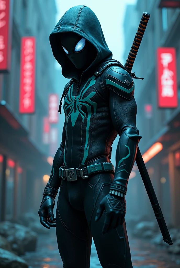 A Superhero with Spider-Man with dark & cyan theme color suit, dual katana in the back, and a hoodie 
