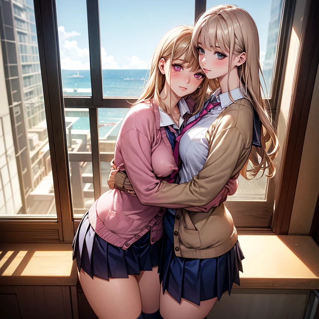 (masterpiece:1.2, Highest quality), (Realistic, photoRealistic:1.4), Beautiful illustrations, (Natural Side Lighting, Cinema Lighting), Browsing Caution,
View your viewers, Cowboy Shot, Front view:0.6, 2 people, Japanese, high School girl, Perfect Face, Cute and symmetrical face, Glowing Skin,
(Long Hair:1.8, Straight hair:1.7, Light Blonde), Asymmetrical bangs, Eyes are hearts, Beautiful Hair, Beautiful Face, Beautiful attention to detail, Beautiful clavicle, Beautiful body, Beautiful breasts, Beautiful thighs, Beautiful feet, Beautiful fingers,
((Light blue collared shirt, Navy pleated mini skirt, Knee-high socks, Pink tie, Light brown cardigan)),Erect nipples、Ahegao、Pink Panties,
(Beautiful views), evening, School, classroom, close,Lesbian,Facing each other,hug each other's bodies, Place your hands on your crotch, (Cute smile, Upward glance,Watery eye), Showing her vagina