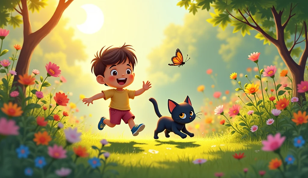 Sam and the cat, now named Shadow, are playing together in a sunny garden. Shadow is chasing a butterfly while Sam laughs and runs beside her. The garden is full of colorful flowers, and the sun is shining brightly, creating a cheerful scene.”