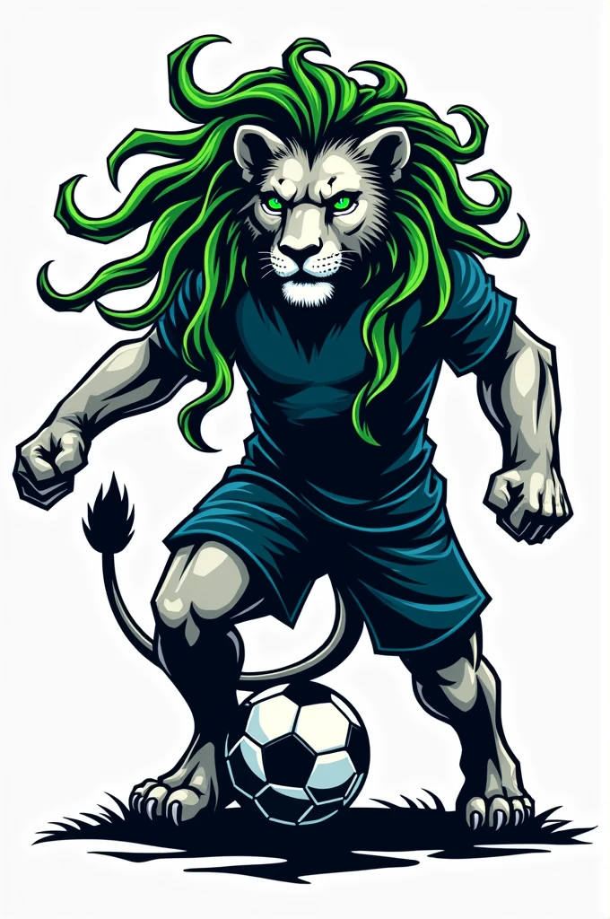 create a logo for a football team, with a lion in black and white, with green and blue dreads in her hair, dressed in blue and green uniform, standing and stepping on a soccer ball