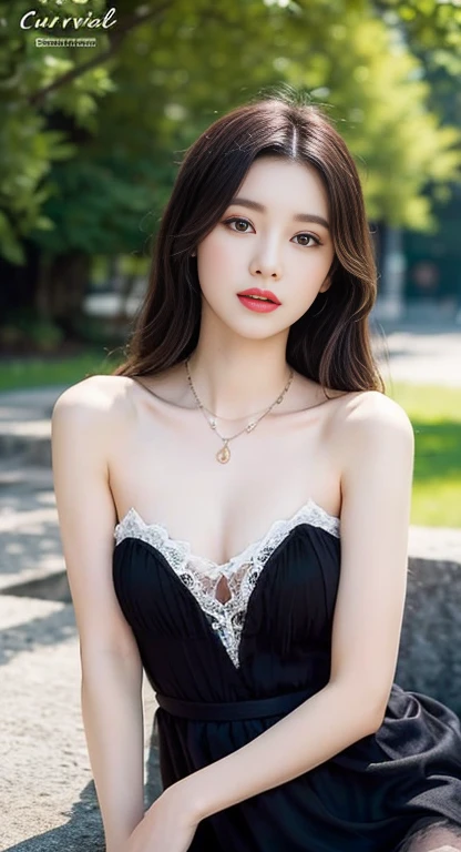 The image is a black and white text that appears to be a description of a necklace. The text is written in a cursive style and is accompanied by a picture of a necklace. The necklace is described as having a "sweetheart" shape, and the text goes on to describe the various details of the necklace, including the lace and the tulle-like fabric. The text also describes the person wearing the necklace, stating that they are also wearing a "delicate" necklace with a "symmetrical" design. The text concludes by suggesting that the background of the image is outdoors, with bare trees.