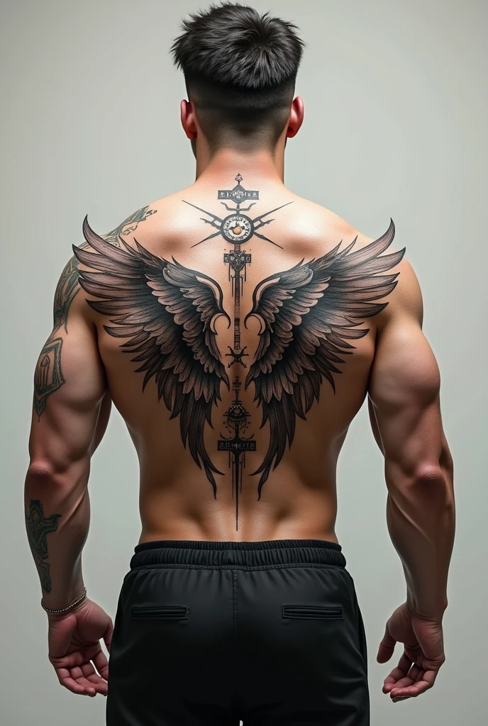 Wing tatoo with clocks and rune words for man