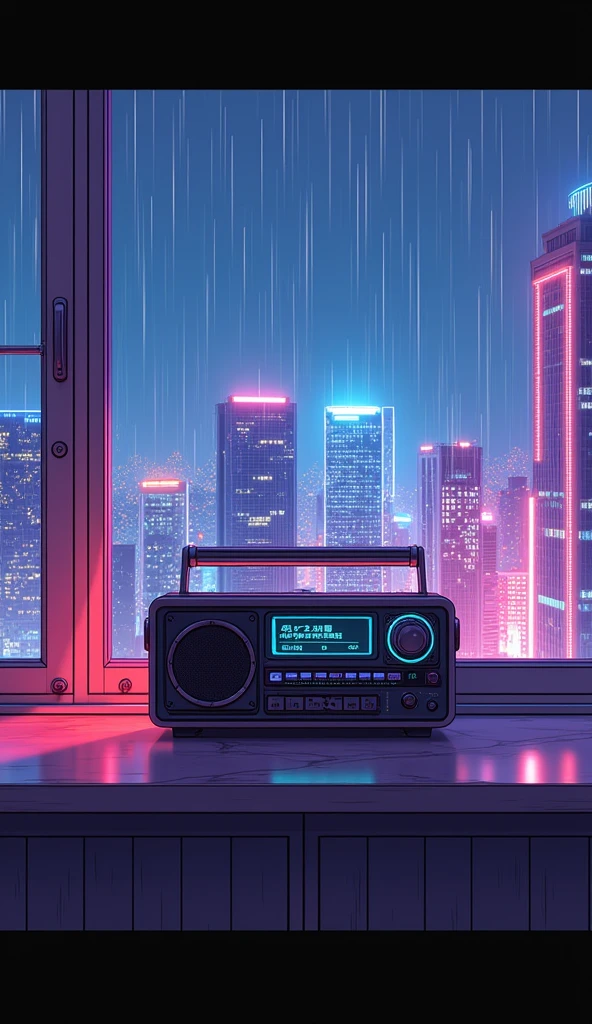 there is a radio sitting on a table in front of a window, synthwave aesthetic, lofi artstyle, lofi hip hop, lofi aesthetic, cyberpunk atmosphere, lofi vibes, synthwave style, synthwave, synthwave art, lofi art, synthwave art style, retrowave atmosphere, 8 0 s anime vibe, chillhop, cyberpunk vibes Vibrant color anime style --ar 4:3 --niji 6(low and side angle view)(with raining effect)(with beautiful view from window)(realistic view)(with beautiful view)