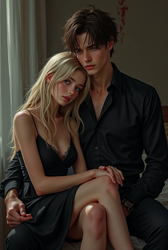 Make me a girl in a beautiful little black dress. in blond long hair and blue eyes. Who sits on the lap of a human boy with brown flaffy hair. In a black shirt slightly unbuttoned and suit trousers. There is a blood stain on the human body.bdziewvzyna płacze że smutku. 