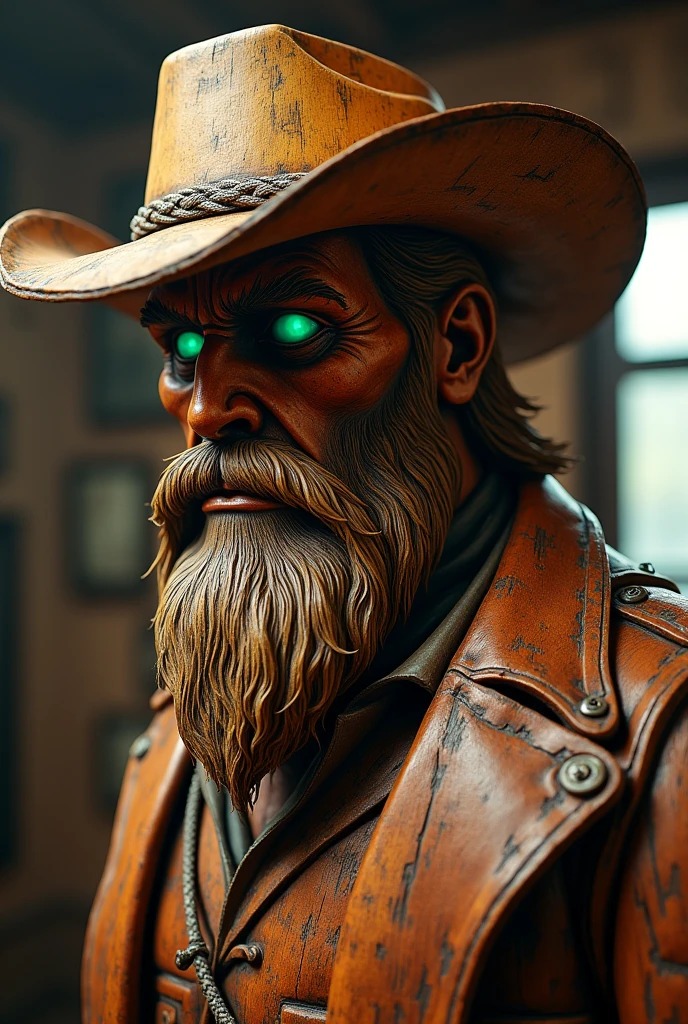 Bearded mountain man cowboy Intricate details insanely artwork Wooden painted man, 3D effect ultra-detailed intricate insanely Heart, museum room, green glass eyes, Carved in wood, painted with bright colors., indie film screencap, dramatic angle, , found footage, (steampunk), (cyberpunk aesthetic), (retrofuturism, atompunk), heroic proportions, window behind,