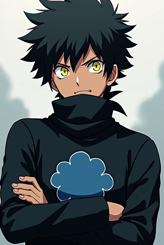 turn off , Messy black curly hair, ele usa uma bandana ninja turn off konoha, Your skin is tan., His clothes were black with a blue cloud in the middle., ele sempre anda turn off bracos cruzados, Your eyes are bright yellow. (anime)