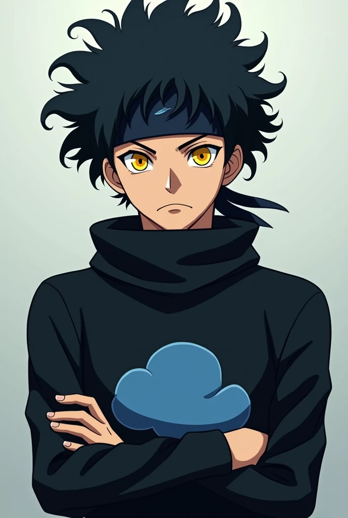 turn off , Messy black curly hair, ele usa uma bandana ninja turn off konoha, Your skin is tan., His clothes were black with a blue cloud in the middle., ele sempre anda turn off bracos cruzados, Your eyes are bright yellow. (anime)