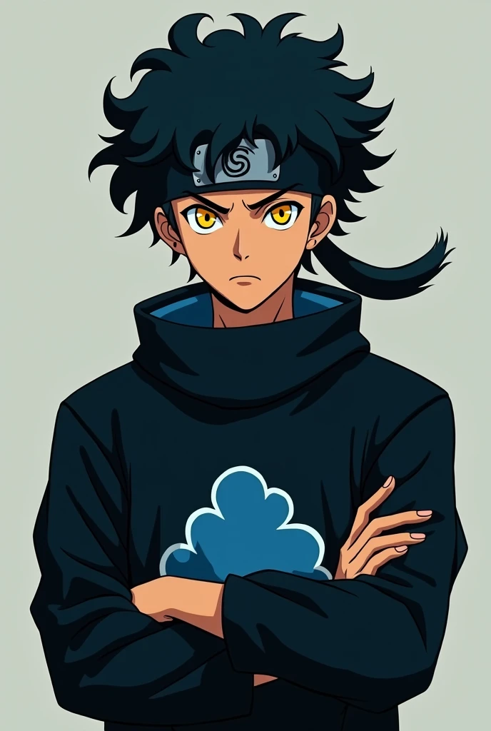  turn off , Messy black curly hair, ele usa uma bandana ninja turn off konoha, Your skin is tan., His clothes were black with a blue cloud in the middle., ele sempre anda turn off bracos cruzados, Your eyes are bright yellow. (anime)